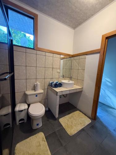 un bagno con un water, un lavandino e uno specchio di Hotel El Congo a Bahía Drake