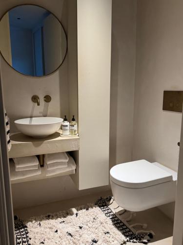 a bathroom with a sink and a toilet and a mirror at appartementen zeespiegel in Zandvoort