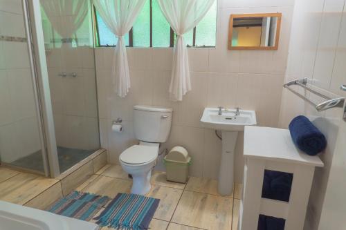 a bathroom with a toilet and a sink and a shower at Gallery Inn in Bela-Bela