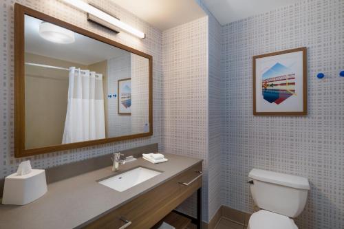 a bathroom with a sink and a mirror and a toilet at Hampton Inn Marietta in Marietta