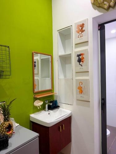a green bathroom with a sink and a mirror at Restfull apartment-14 Mai Thuc Lan, My An , Da nang in Danang