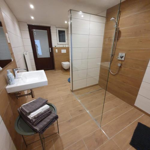 a bathroom with a shower and a sink and a toilet at Ferienhaus Meiers in Losheim
