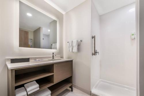a bathroom with a sink and a shower at Comfort Inn & Suites Orlando Sanford Airport in Sanford