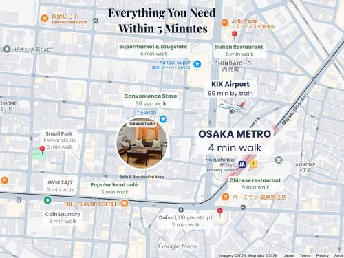 a map of within minutes of osaka metro at First floor no stairs! Queen bed 4min to metro 711 in Osaka