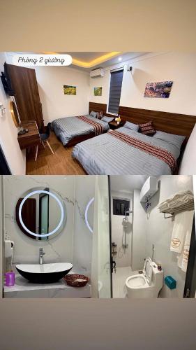 a hotel room with two beds and a bathroom at XƠ ĐĂNG homestay in Kon Plong