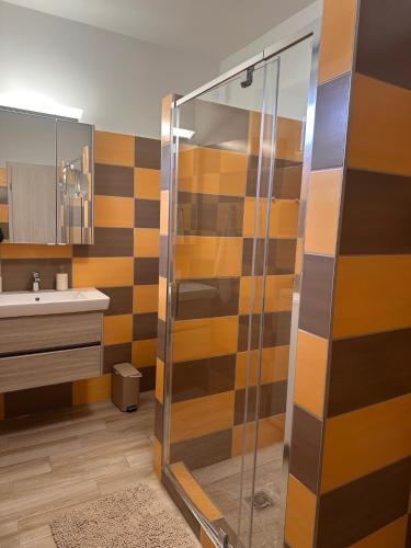 a bathroom with a shower and a sink at Castello Rosso Apartman in Pilisvörösvár