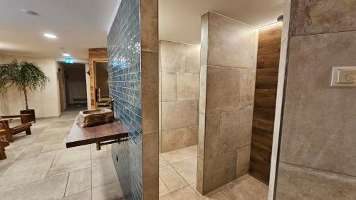 a bathroom with a walk in shower in a room at R&R Hotel Störtebeker in Baabe