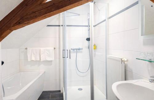 a white bathroom with a shower and a sink at Hotel Zum Klosterfischer in Blankenburg