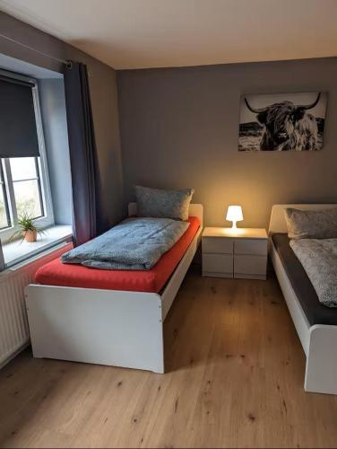 a bedroom with two beds and a lamp in it at Flensburg Zentrum 69 01 in Flensburg