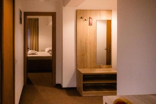 a bathroom with a walk in shower and a mirror at Casa Lazaroiu in Curtea de Argeş