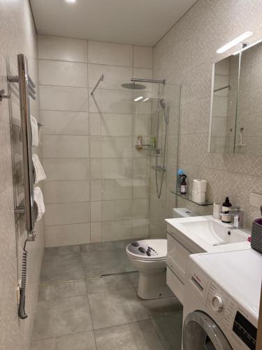 a bathroom with a shower and a toilet and a sink at Kęstučio 66 apartamentai in Kaunas