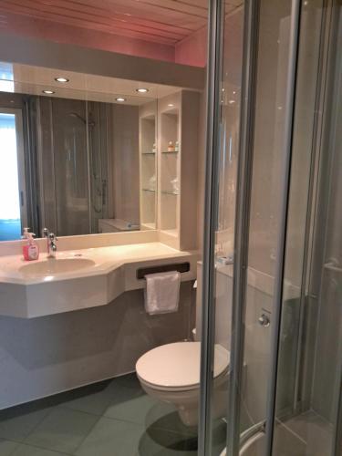 a bathroom with a toilet and a sink and a shower at pepb Schulungshotel in Sarstedt