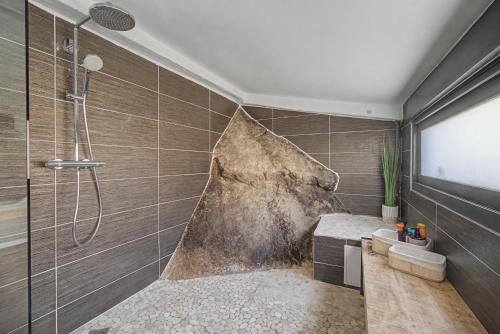 a bathroom with a shower with a large rock on the wall at La Roche & Le Lac in Sévrier