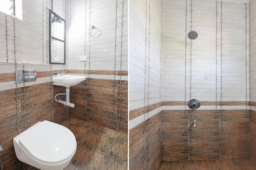 two pictures of a bathroom with a toilet and a sink at FabHotel Crystal Bay Baga in Baga