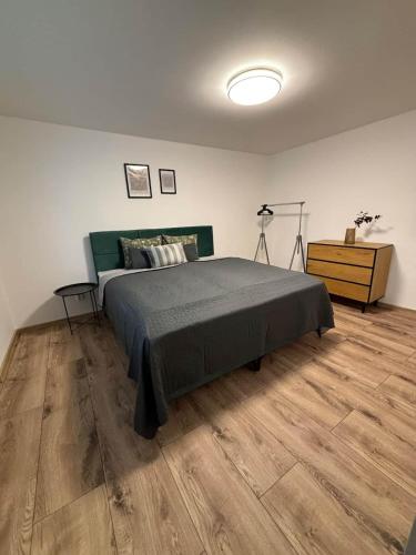 a bedroom with a large bed and a wooden floor at Hrabůvka Living in Ostrava