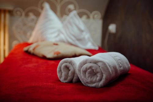 two towels on a bed with a red blanket at Pensiunea Edy Turda in Turda