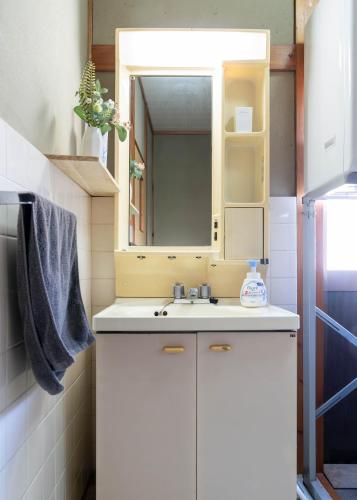 a bathroom with a sink and a mirror at Guesthouse NAMAZU in Anan