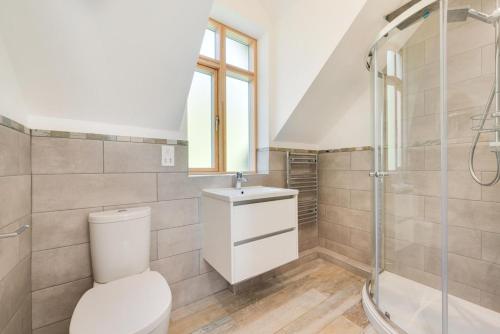 a bathroom with a toilet and a sink and a shower at 2 Bed in Aberdyfi oc-wah694 in Aberdyfi