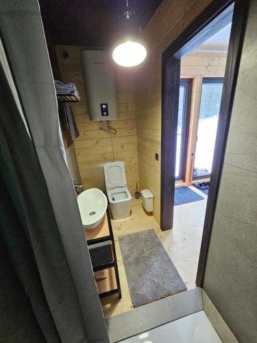 a small bathroom with a toilet and a sink at Модрина Космач ko kosmach in Kozmacz