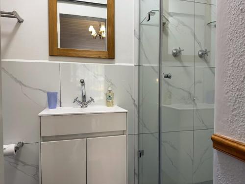 a bathroom with a sink and a shower at Old Oak Guest House in Bellville