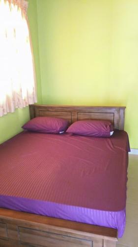 a bed with pink pillows in a green bedroom at Pasindu Garden in Vavuniya
