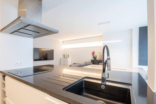 a kitchen with a sink and a counter top at Amazing apartment for 8 with parking space in Ostend