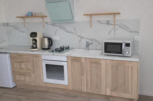 Residence Mara Dea في غاليريا: مطبخ مزود بفرن ميكروويف وحوض غسيل