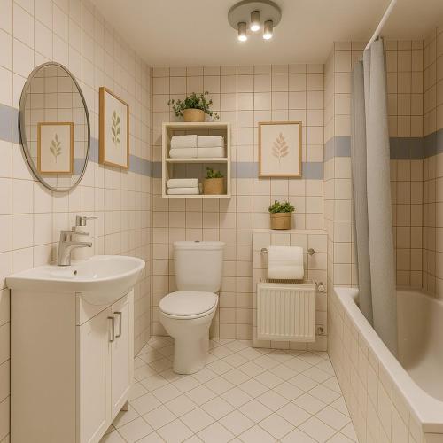 a bathroom with a toilet and a sink and a tub at Stilvolle Residenz am LU Mitte in Ludwigshafen am Rhein