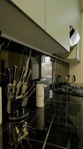 una cucina con un piano di lavoro con utensili di Esal Manas a Jalal-Abad