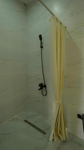 un bagno con doccia con tenda da doccia di Esal Manas a Jalal-Abad