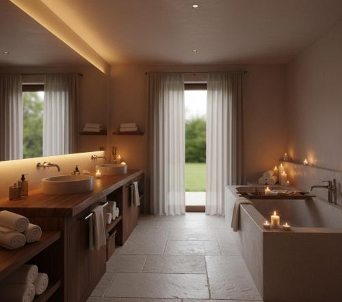a large bathroom with two sinks and a tub at Awex Apart in Sakarya