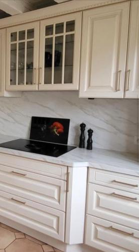 a kitchen with white cabinets and a laptop on a counter at La Villa des Amis 10 couchages au clos de la piscine in Montgeron