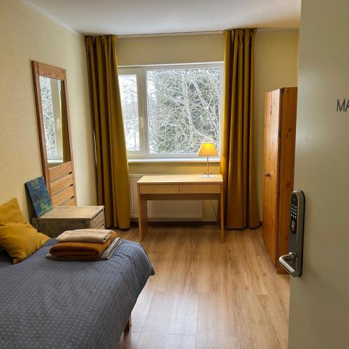 a bedroom with a bed and a desk and a window at Wallamaja Hostel in Järvakandi