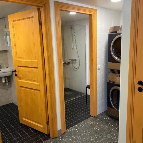a bathroom with a shower and a washer and dryer at Wallamaja Hostel in Järvakandi