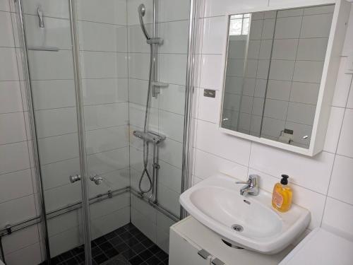 a white bathroom with a shower and a sink at A charming countryside accommodation near Malm in Oxie
