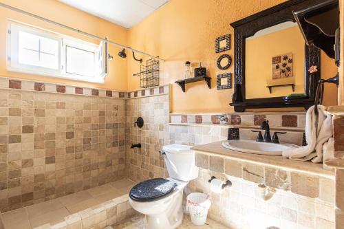 a bathroom with a toilet and a sink and a mirror at Los Balcones, Sosua, Ocean Front! in Sosúa