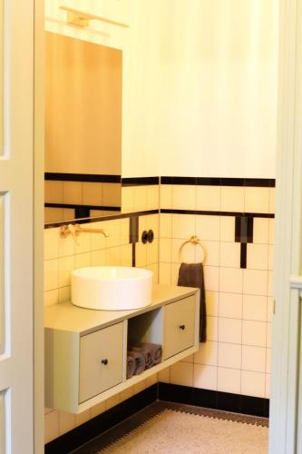 a bathroom with a sink and a mirror at Huize Sonnevanck in Sexbierum
