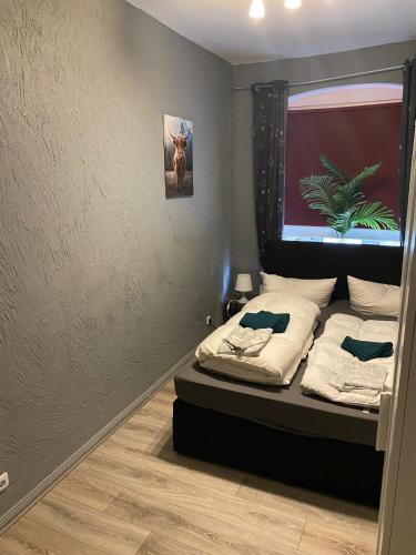 a small room with a bed with a window at Flensburg Zentrum 50 01 in Flensburg