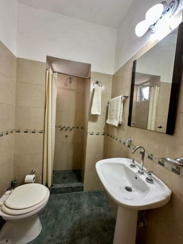 a bathroom with a toilet and a sink and a shower at Hotel Riviera in Santa Teresita
