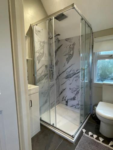 a glass shower in a bathroom with a toilet at The Hen House in North Huish