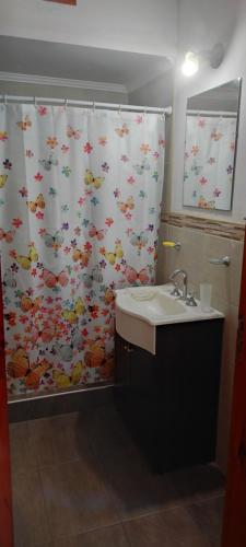 a bathroom with a shower curtain and a sink at CASA TEMPORADa 2027 DÚPLEX 2 HABITACIONES in Miramar