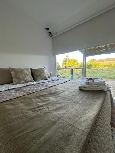 a bedroom with a large bed with a large window at Bodegas y Viñedos Balcarce in Balcarce