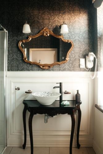 a bathroom with a sink and a mirror on a wall at Winnice Jaworek in Miękinia