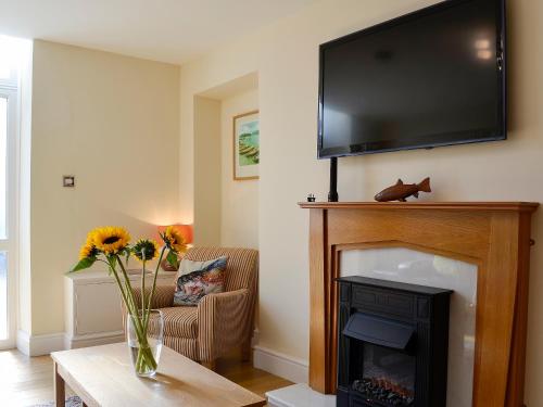 a living room with a fireplace with a television above it at Ghillie Cottage in Cockermouth