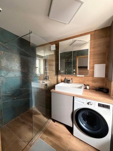 a bathroom with a washing machine and a sink at Lipa Apartmán in Tlmače