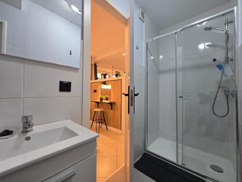 a bathroom with a shower and a white sink at Estudios Céntricos 65 in Santander