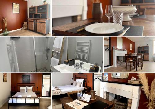 a collage of pictures of a kitchen and a living room at L’Etape, cœur de ville in La Charité-sur-Loire