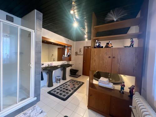 a bathroom with a glass shower and a sink at Ferienhaus Natternberg Spacious apartment large living room 4 bedrooms garden quiet near Deggendorf in Deggendorf