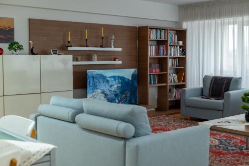 a living room with a couch and a book shelf at Petra's Skyline in Suceava