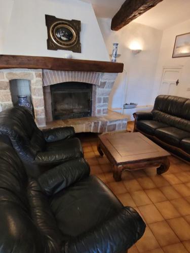 a living room with a couch and a fireplace at Logis du Grand Puits in Baudinard